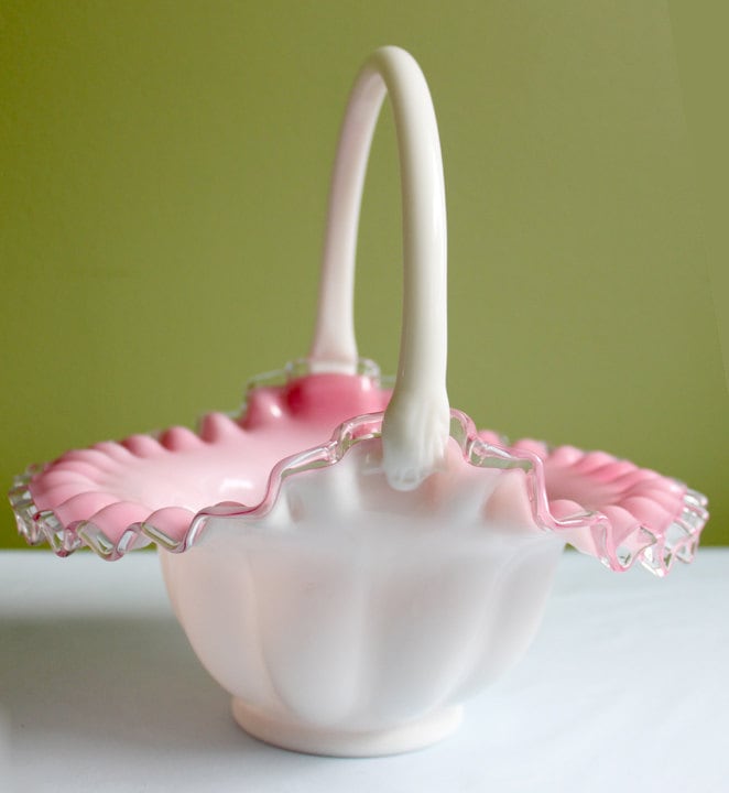 Crystal Basket /  Pink Crest and Silvercrest Bowl with Handle.  Ruffled Scalloped Rim.  Gift for Her.