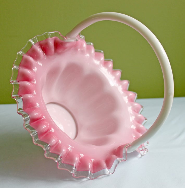 Milk Glass Basket. Large, Pinched Basket with Waffle Pattern, Embossed Circles, and Lacey Edge. Fruit Basket. Table Centerpiece.