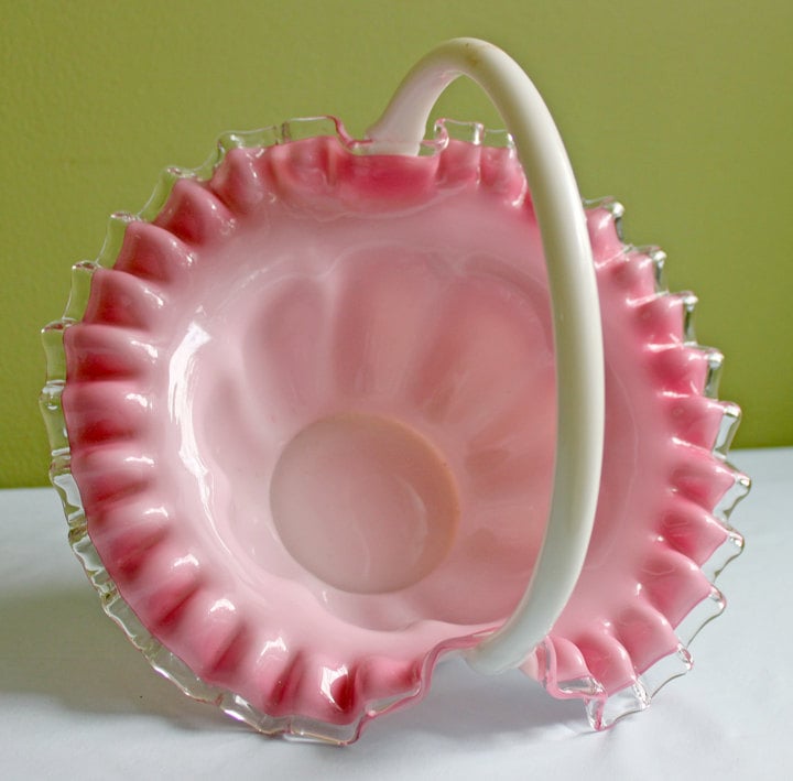 Milk Glass Basket. Large, Pinched Basket with Waffle Pattern, Embossed Circles, and Lacey Edge. Fruit Basket. Table Centerpiece.