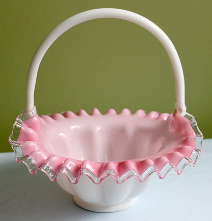 Crystal Basket /  Pink Crest and Silvercrest Bowl with Handle.  Ruffled Scalloped Rim.  Gift for Her.