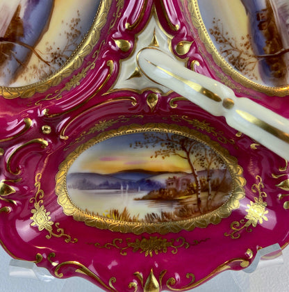 Porcelain Divided Bowl with Handle, Decorated with Three Different Hand Painted Landscapes. Antique Rare Collectible Art Dish.