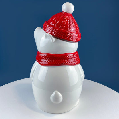Polar Bear in Red Hat Cookie Jar. Cute, Animal Themed Kitchen Storage Canister or Kids' Room Decor. Holiday Dining Room Decor.