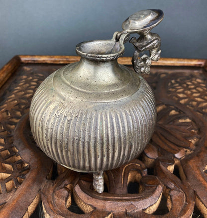 Vintage Indian Metal Vase with Peacock Lid, Collectible Art