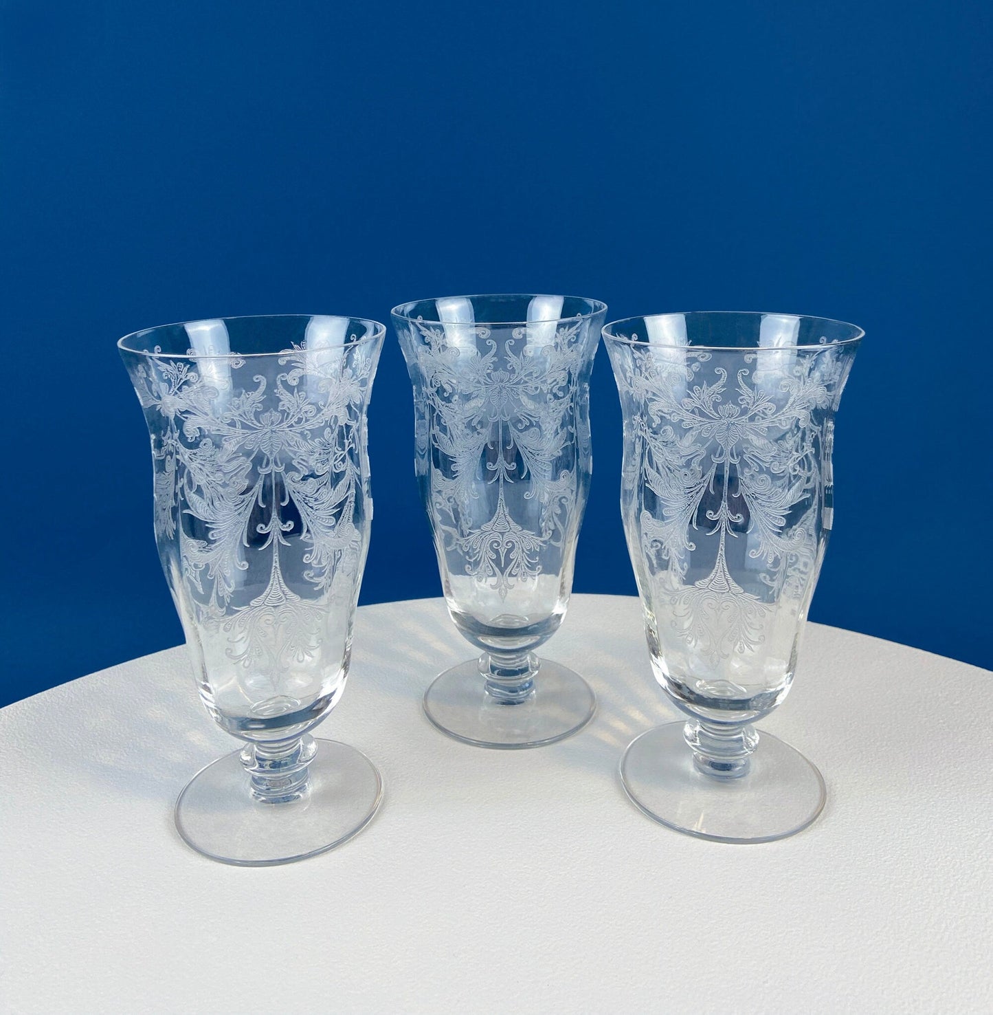 Tiffin Franciscan Water or Juice Glasses. Set of Five Byzantine Etched Stemware. Floral Motif. Fine Dining. Collectible Stemware.