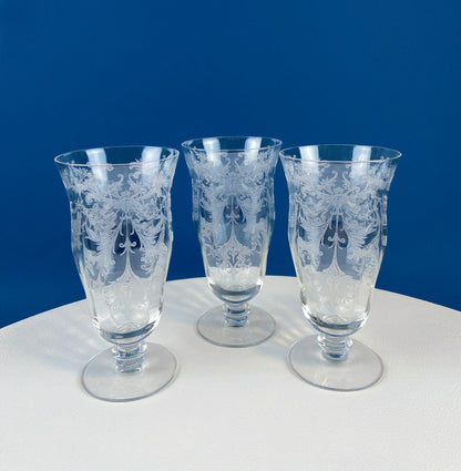 Tiffin Franciscan Water or Juice Glasses. Set of Five Byzantine Etched Stemware. Floral Motif. Fine Dining. Collectible Stemware.
