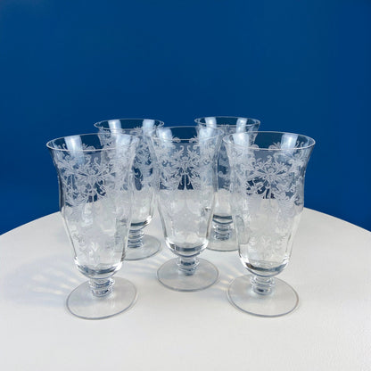 Tiffin Franciscan Sweet Wine Glasses. Set of Four Byzantine Etched Stemware. Floral Motif.