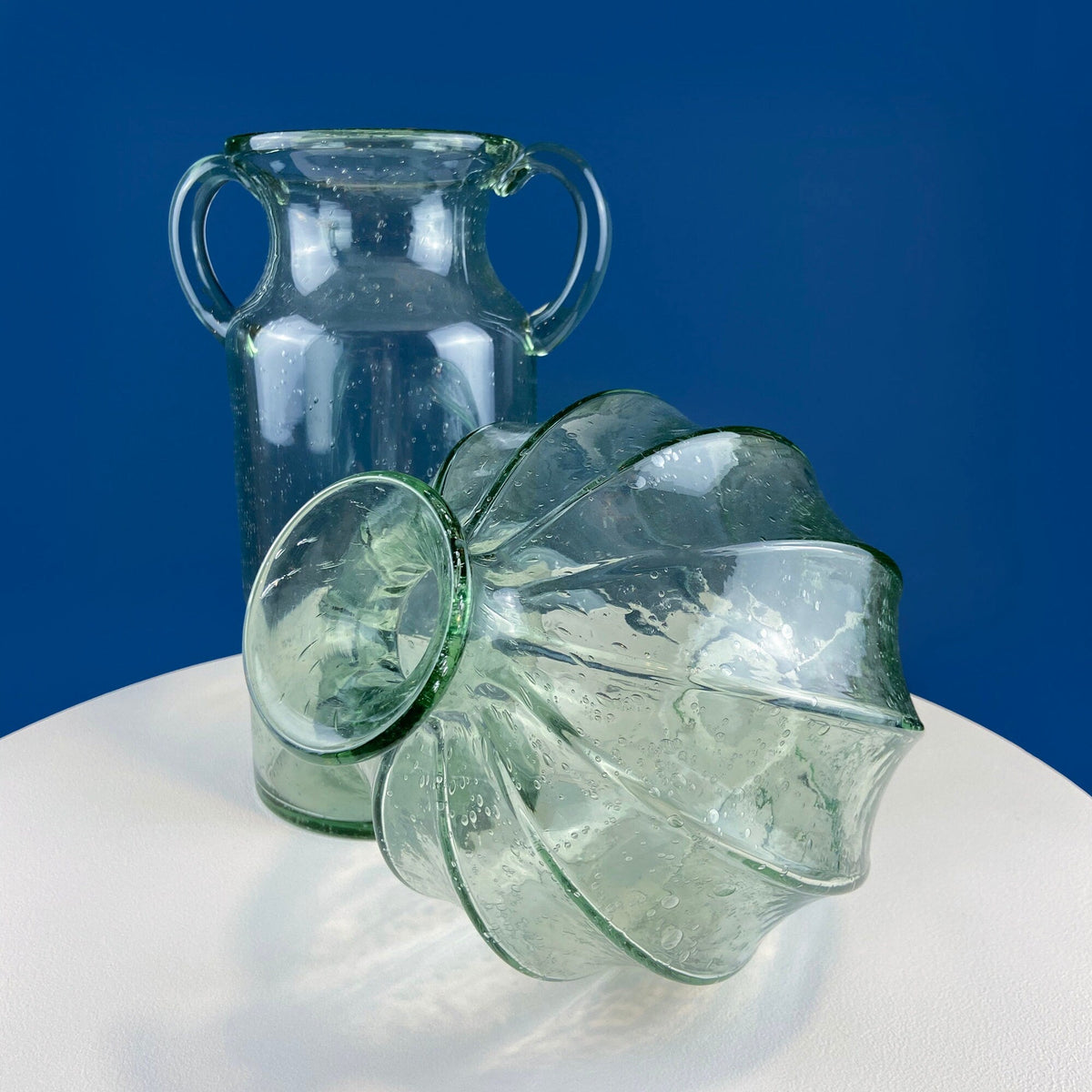 Hand Blown Glass, Light Green Vases. Pair of Large Thick Heavy Glass Flower Vases. Rustic or Modern Home Decor. Art Glass. Collectible Glass