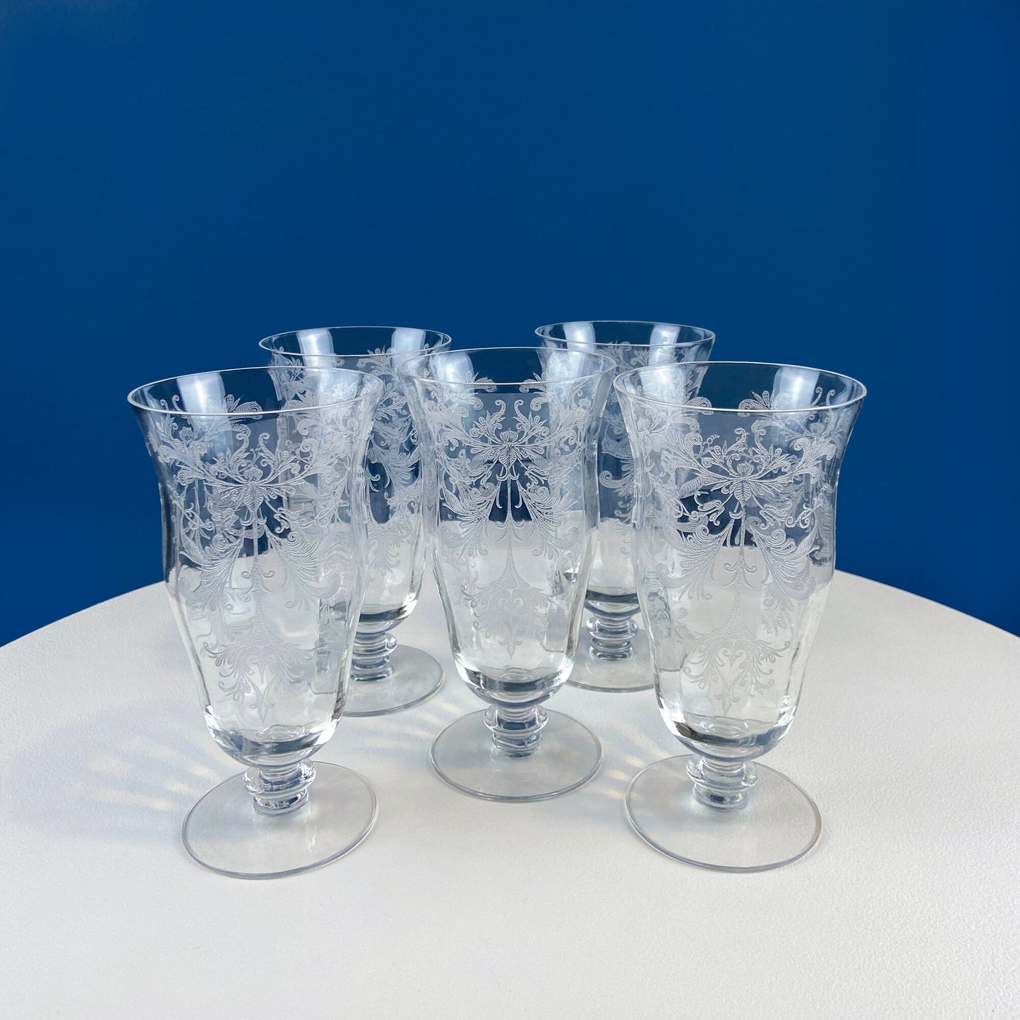 Antique Tiffin Franciscan Juice Glasses, Etched Cherokee Rose Pattern, Set of 5