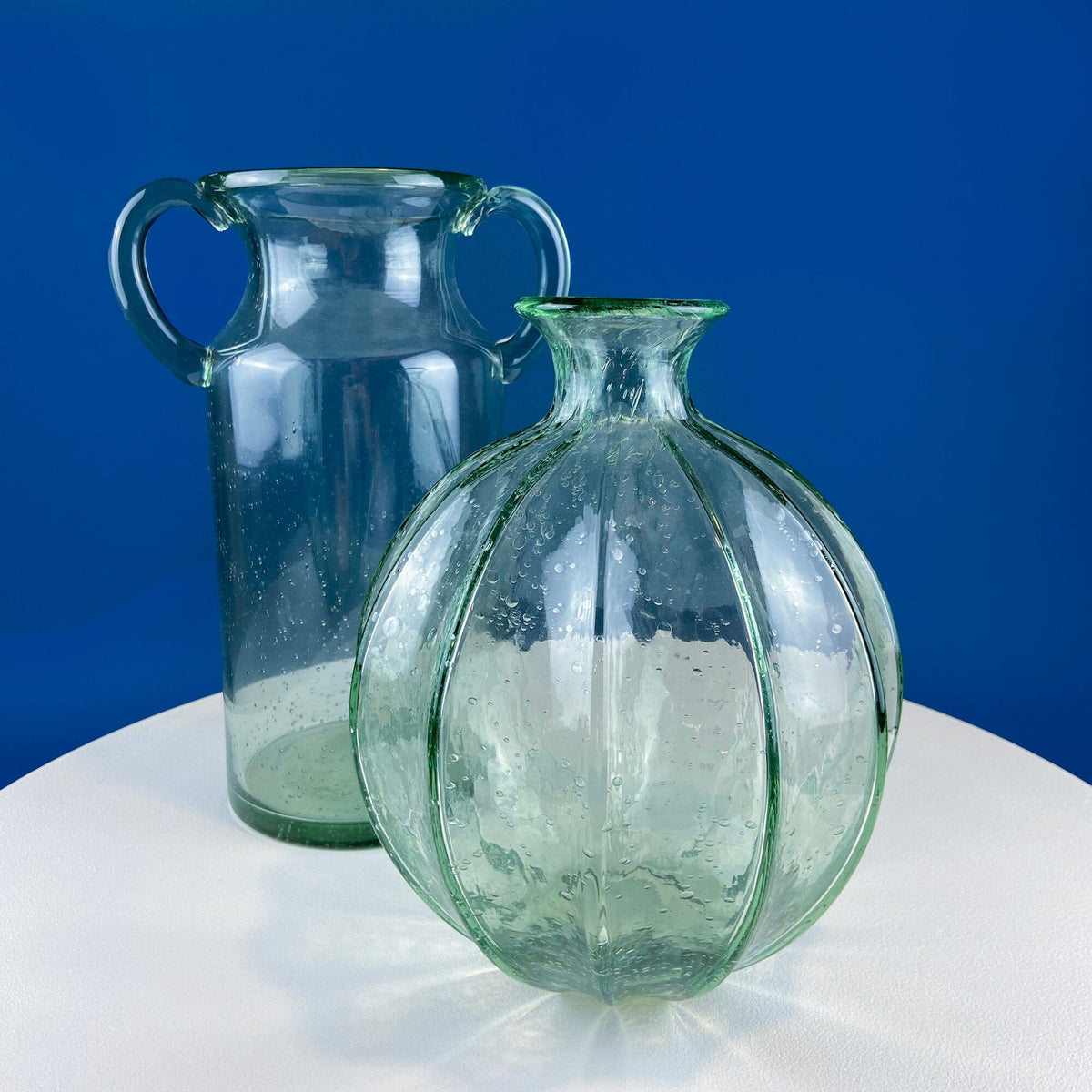 Hand Blown Glass, Light Green Vases. Pair of Large Thick Heavy Glass Flower Vases. Rustic or Modern Home Decor. Art Glass. Collectible Glass