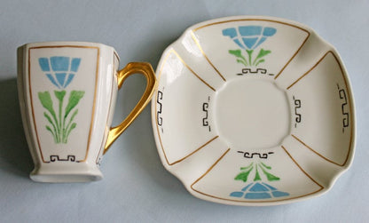 Hand Painted Porcelain Teacup Saucer Demitasse Set with Square Shape and Rounded Corners