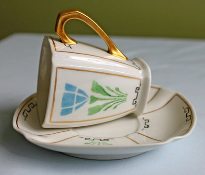 Hand Painted Porcelain Teacup Saucer Demitasse Set with Square Shape and Rounded Corners