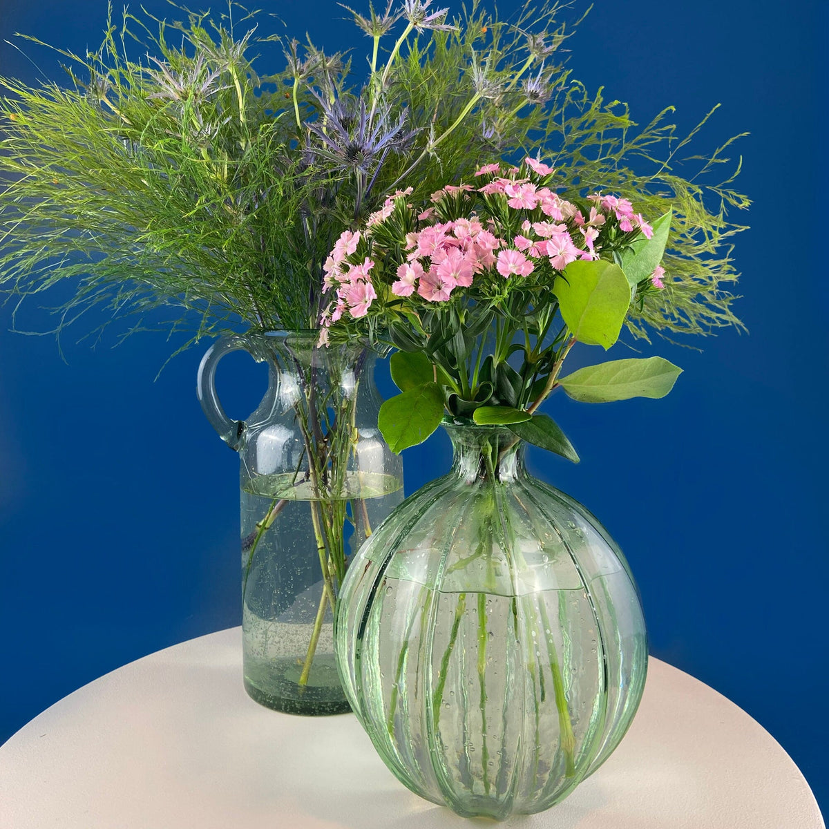 Hand Blown Glass, Light Green Vases. Pair of Large Thick Heavy Glass Flower Vases. Rustic or Modern Home Decor. Art Glass. Collectible Glass