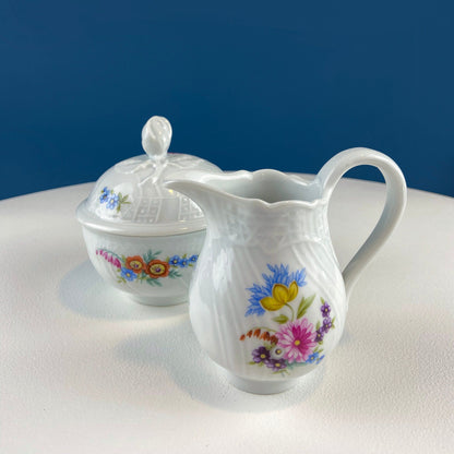 Antique Hutschenreuther Porcelain Coffee Set. Coffee or Teapot, Sugar Jar, Creamer, 2 8" Dessert Plates, & 6 Tea Cups/Saucers. Floral Motif.