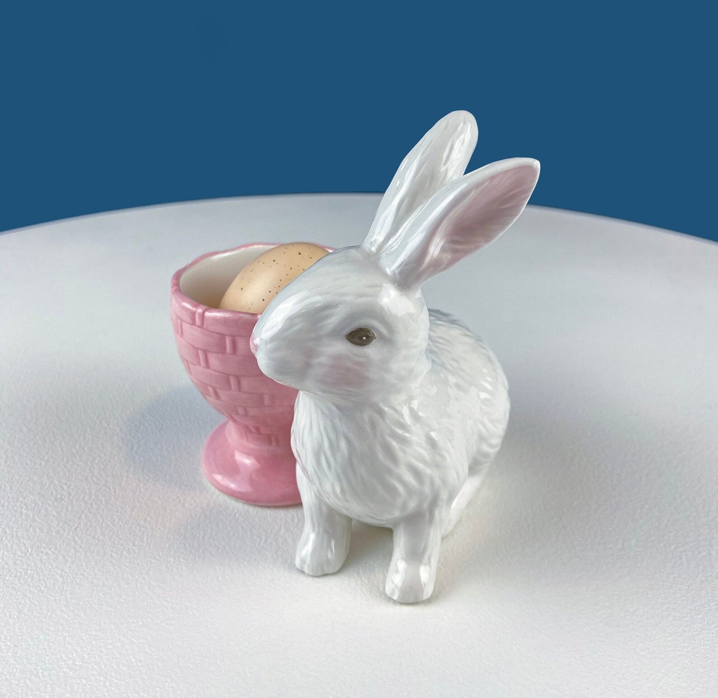 Cute Boy and Girl Bunnies Egg Cups. Rabbits with Blue and Pink Baskets. Set of Two Serving Dishes. Easter/Spring Celebration.