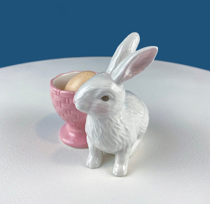 Cute Boy and Girl Bunnies Egg Cups. Rabbits with Blue and Pink Baskets. Set of Two Serving Dishes. Easter/Spring Celebration.