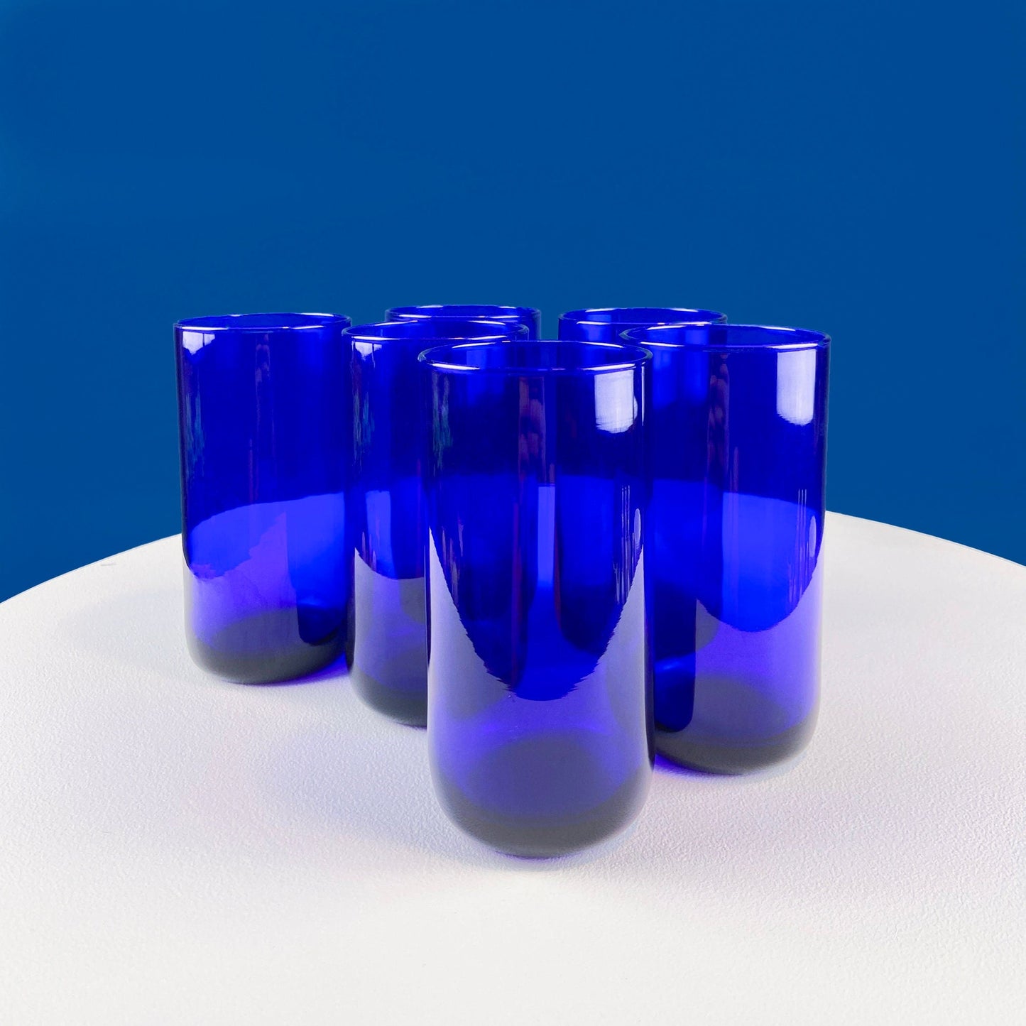 Modern Topaz Stemmed Tumblers. Set of Six Footed Juice Glasses. Blue Kitchen Decor. Dining Room Decor. Collectible Glasses. Wedding Gift.