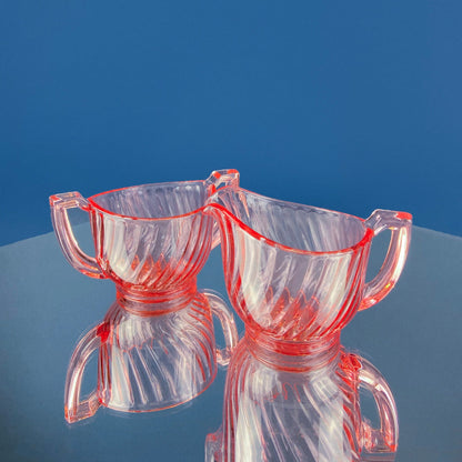 Peach Pink Depression Glass Sugar and Creamer Jars. Elegant Fluted Texture. Art Deco Geometrical Handles. Dining Room Decor. French Countryt