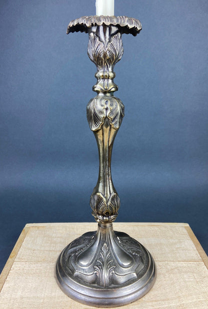 Antique Pillar Candle Holder/Silver Plated Candle Stand/Art Nouveau Relief. Fine Dining.