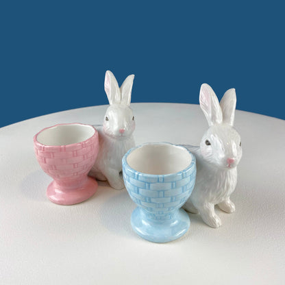 Cute Boy and Girl Bunnies Egg Cups. Rabbits with Blue and Pink Baskets. Set of Two Serving Dishes. Easter/Spring Celebration.