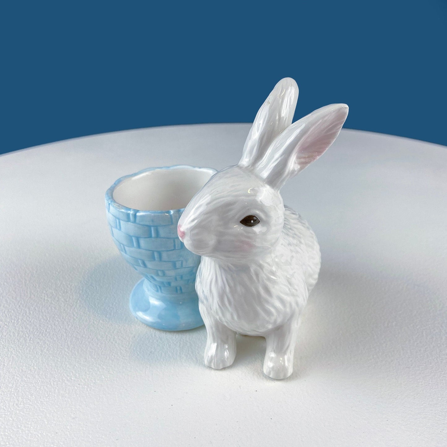 Cute Boy and Girl Bunnies Egg Cups. Rabbits with Blue and Pink Baskets. Set of Two Serving Dishes. Easter/Spring Celebration.