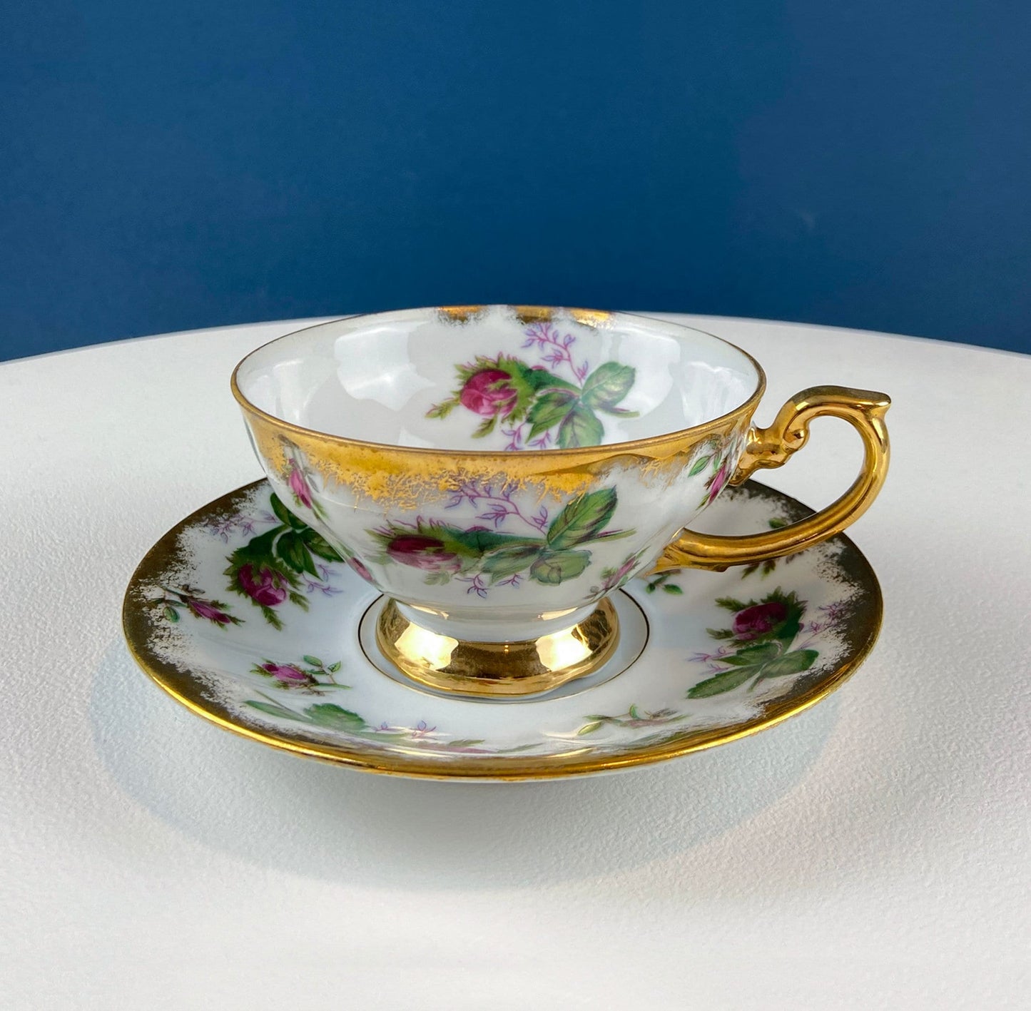 Vintage Moss Rose Porcelain Tea Cup and Saucer: Gold Swirl Silhouette