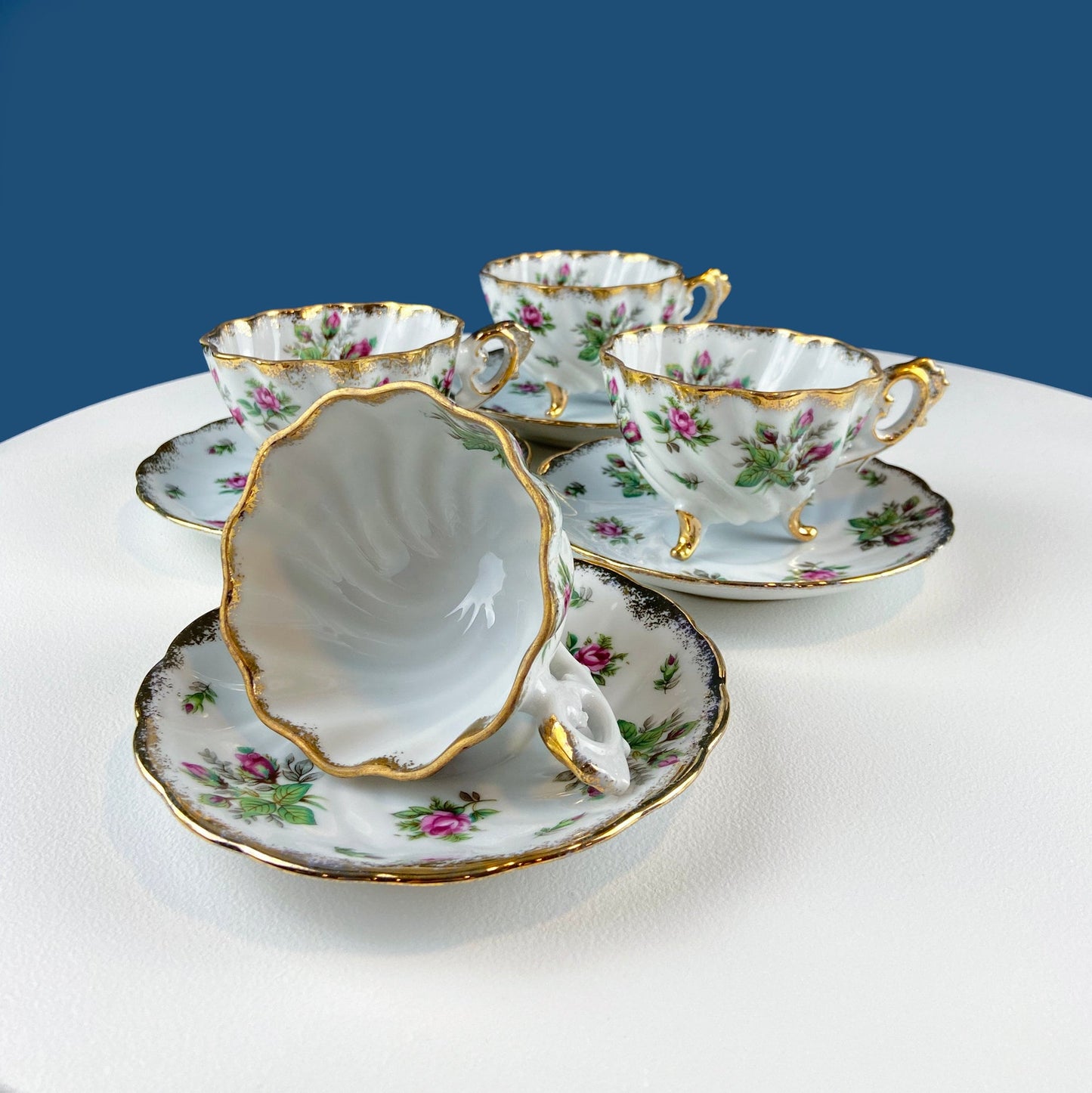 Vintage Moss Rose Porcelain Tea Cup and Saucer: Gold Swirl Silhouette