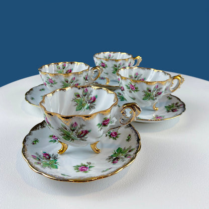 Vintage Moss Rose Porcelain Tea Cup and Saucer: Gold Swirl Silhouette