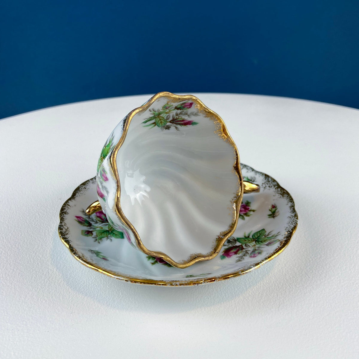 Vintage Moss Rose Porcelain Tea Cup and Saucer: Gold Swirl Silhouette