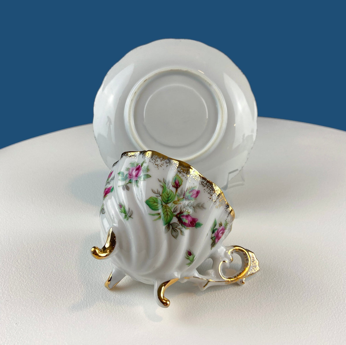 Vintage Moss Rose Porcelain Tea Cup and Saucer: Gold Swirl Silhouette