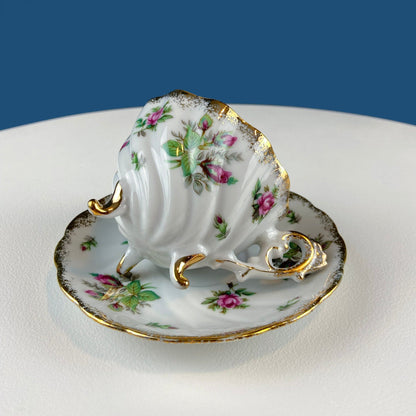 Vintage Moss Rose Porcelain Tea Cup and Saucer: Gold Swirl Silhouette