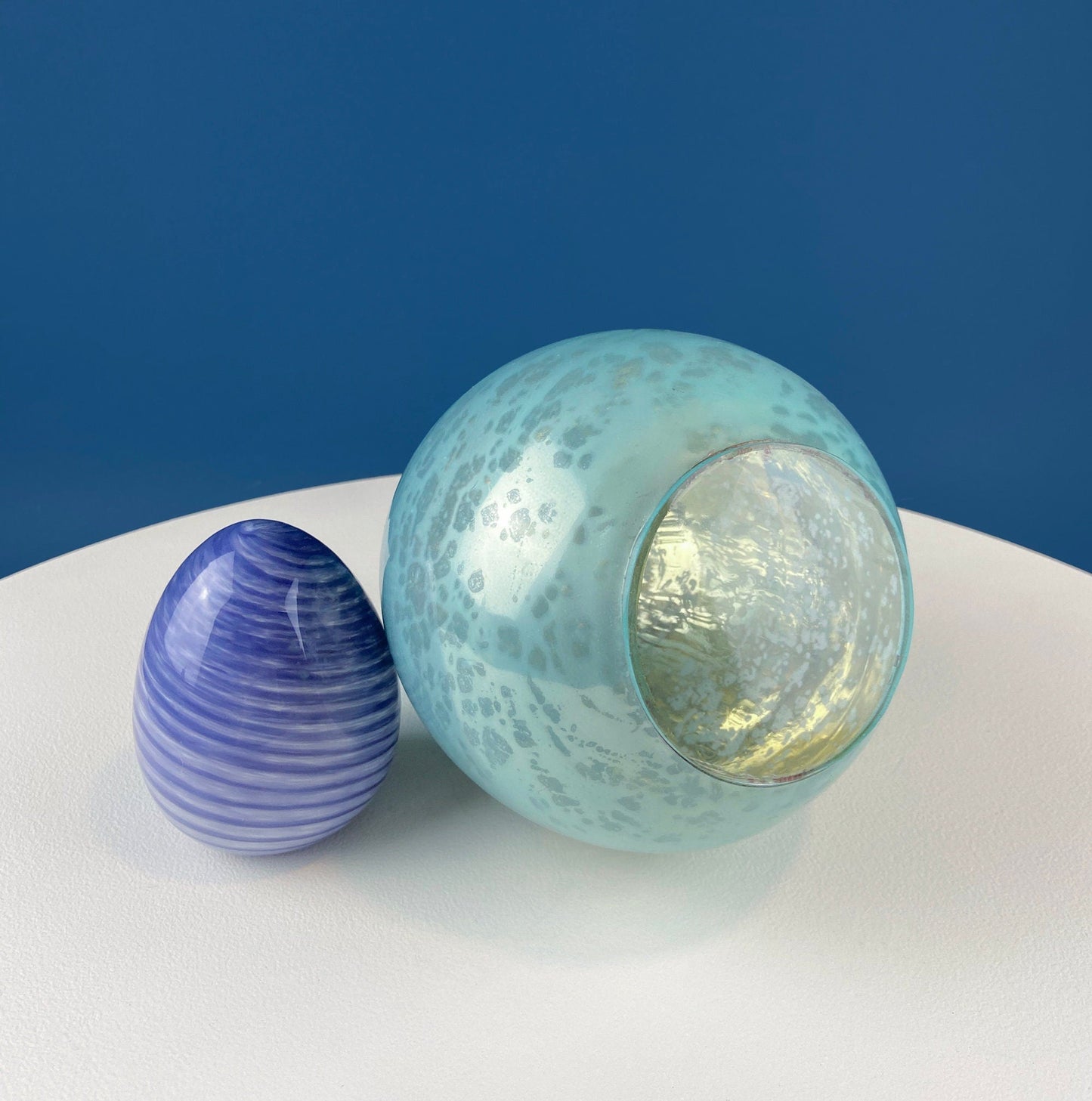 Set of Two Glass Eggs. Large Textured Blue and Smaller Purple with Swirl Embedded in Glass. Easter or Spring Decor. Dining Room Decor.