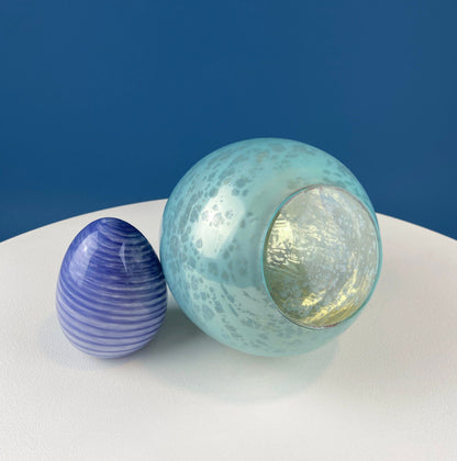 Set of Two Glass Eggs. Large Textured Blue and Smaller Purple with Swirl Embedded in Glass. Easter or Spring Decor. Dining Room Decor.