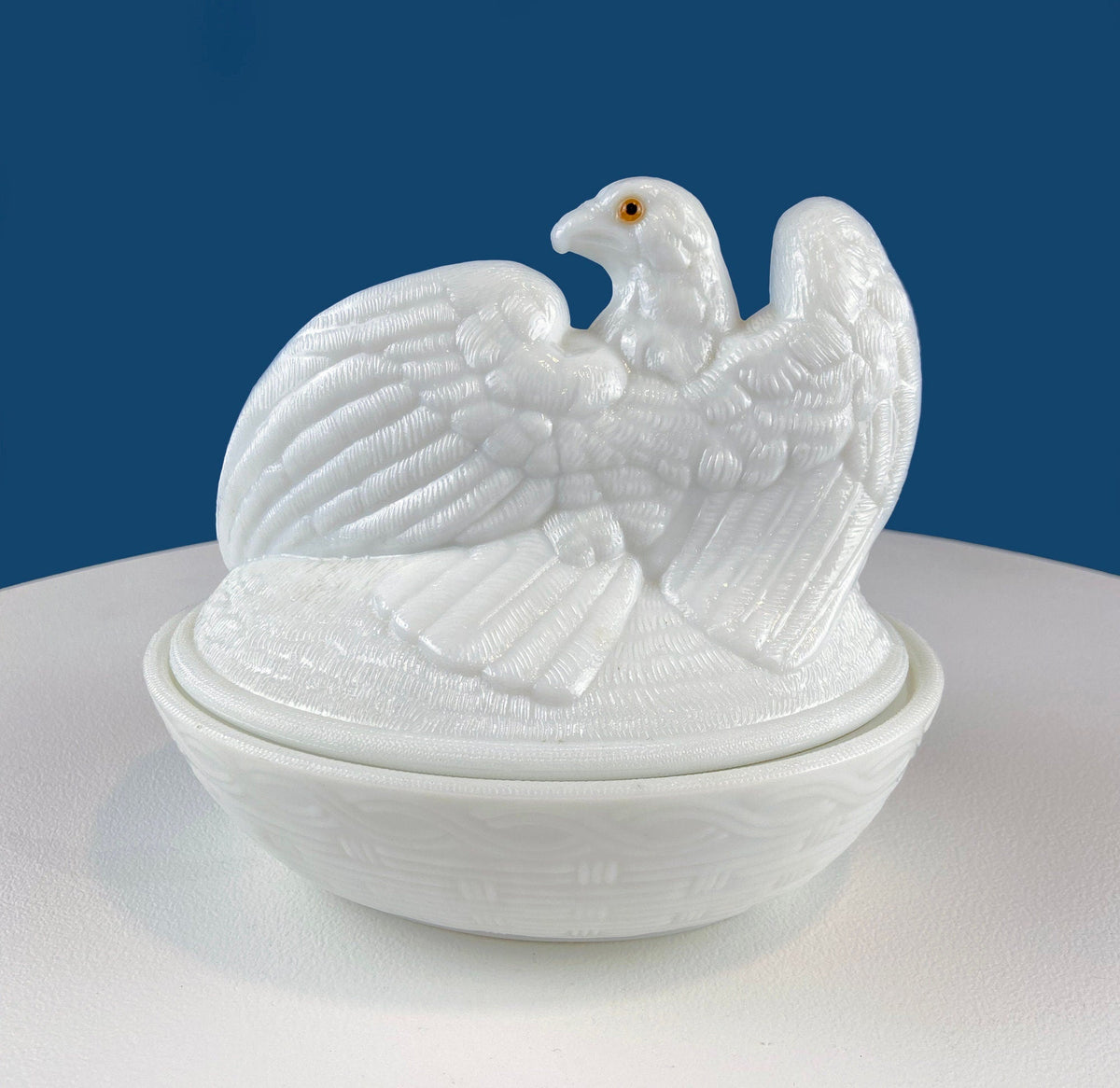 Westmoreland Milk Glass Eagle with Babies. Large White Bird On Nest Bowl. Cookie Jar with Lid. Storage Dish for Trinkets or Bath Accessories