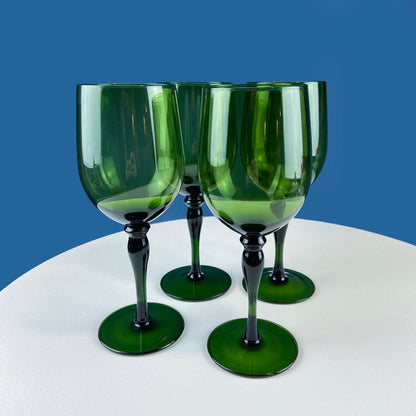 Stunning Green Wine Goblets.  Set of Four Stemware. Dark Green Hand Blown Glasses. Elegant Dining Room Decor. Unique Barware. Wedding Gift.
