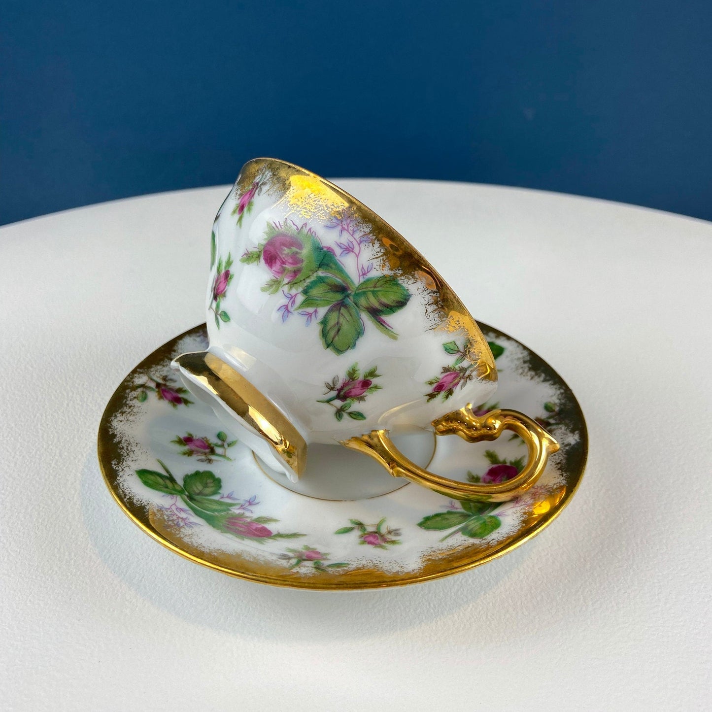 Vintage Moss Rose Porcelain Tea Cup and Saucer: Gold Swirl Silhouette