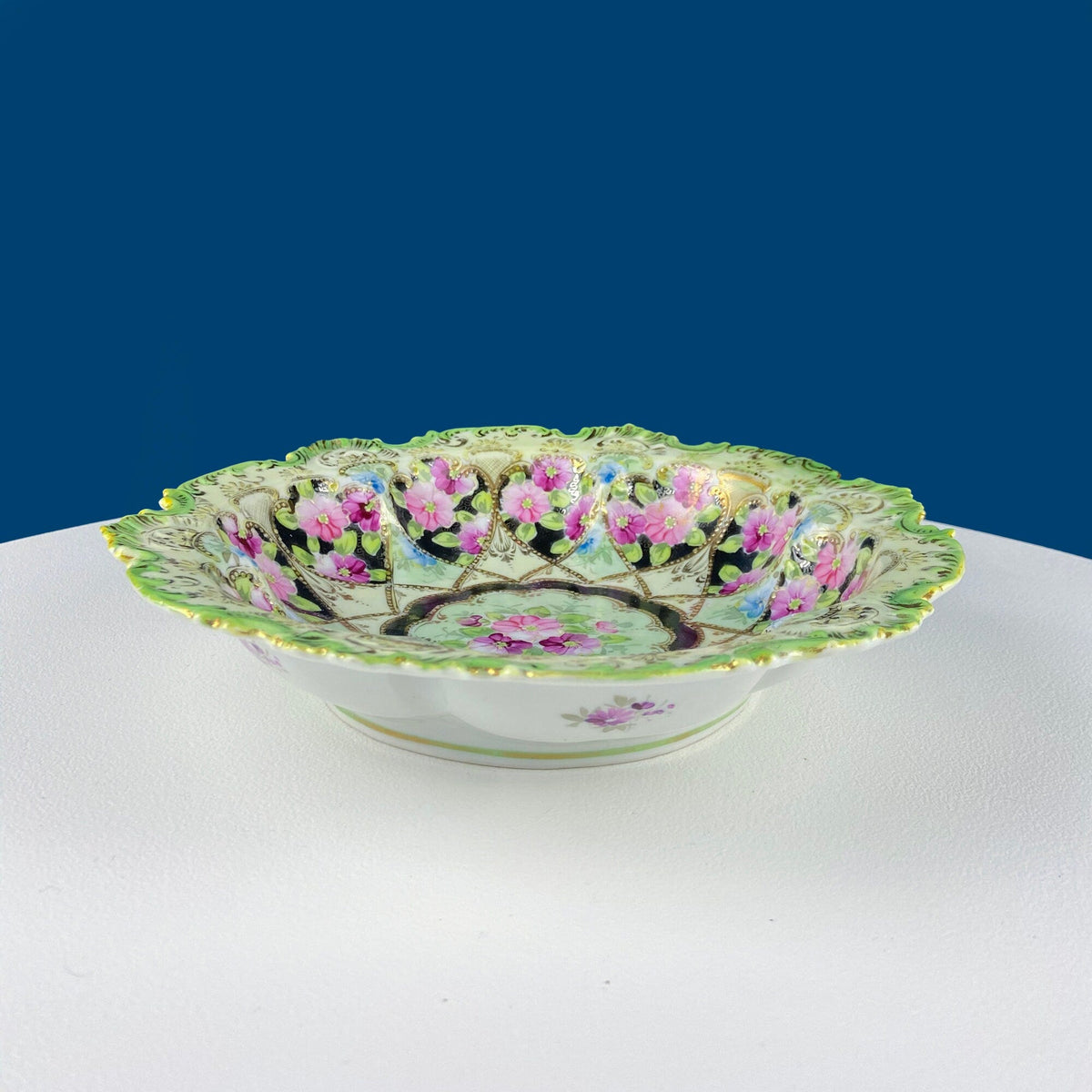 Stunning Antique Hand Painted Porcelain Bowl. Centerpiece Dish with Scalloped Edges. Gold Framework & Flowers. Dining Room Decor.