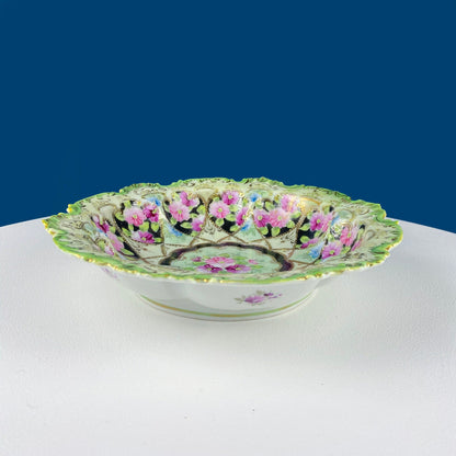 Old Hand Painted Porcelain Serving Bowl or Decorative Victorian Centerpiece with Scalloped Edges. Rich Gold Beaded Framework. Roses Motif.