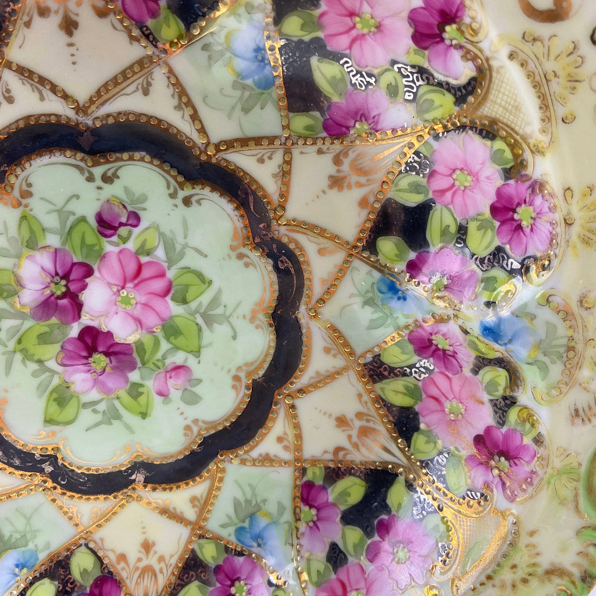 Stunning Antique Hand Painted Porcelain Bowl. Centerpiece Dish with Scalloped Edges. Gold Framework & Flowers. Dining Room Decor.