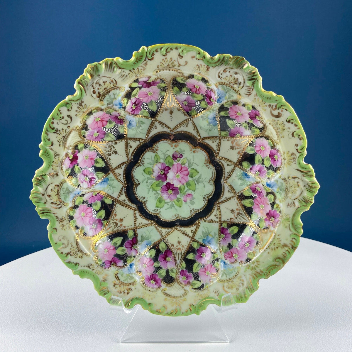 Stunning Antique Hand Painted Porcelain Bowl. Centerpiece Dish with Scalloped Edges. Gold Framework & Flowers. Dining Room Decor.