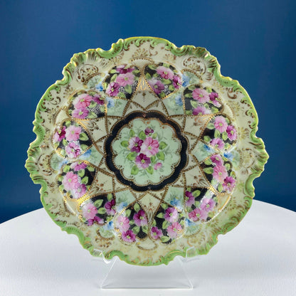 Old Hand Painted Porcelain Serving Bowl or Decorative Victorian Centerpiece with Scalloped Edges. Rich Gold Beaded Framework. Roses Motif.