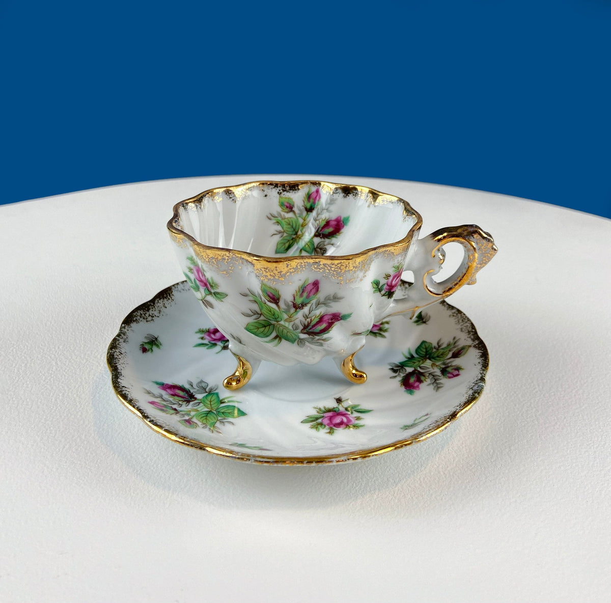 Vintage Moss Rose Porcelain Tea Cup and Saucer: Gold Swirl Silhouette