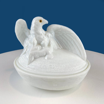 Westmoreland Milk Glass Eagle with Babies. Large White Bird On Nest Bowl. Cookie Jar with Lid. Storage Dish for Trinkets or Bath Accessories
