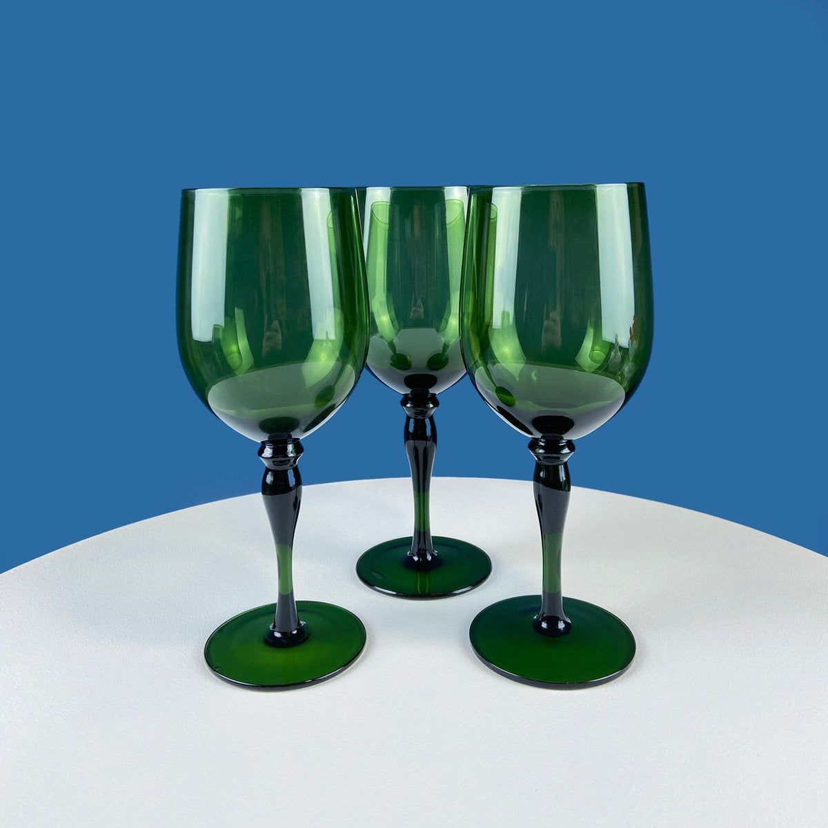 Stunning Green Wine Goblets.  Set of Four Stemware. Dark Green Hand Blown Glasses. Elegant Dining Room Decor. Unique Barware. Wedding Gift.