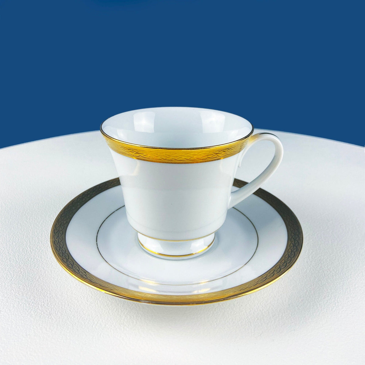 Contemporary Noritake White Cup and Saucer with Gold Rim. Classic Wedding Band China. Queen's Gold. Dining Room Decor. Minimal Design.