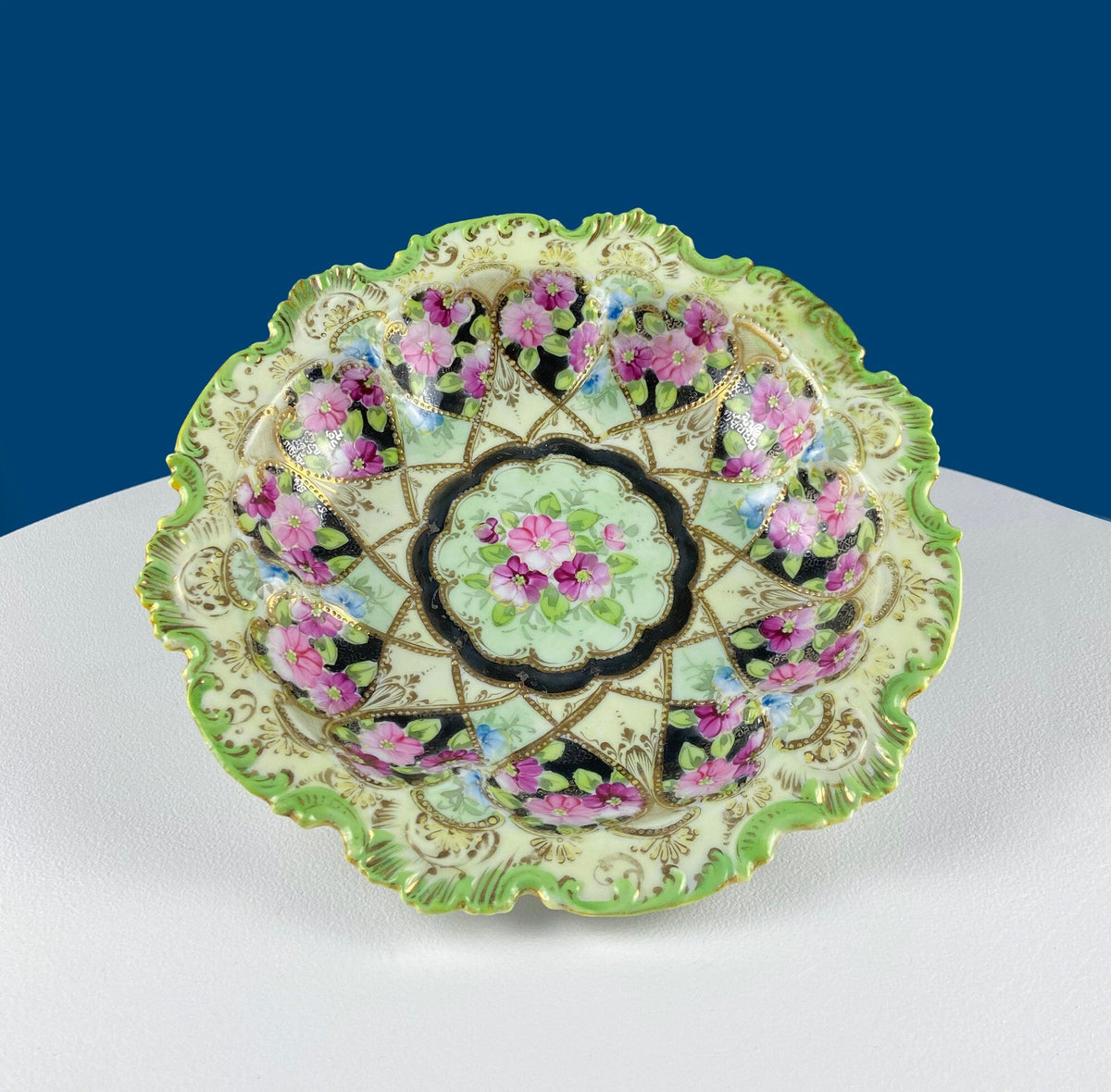 Stunning Antique Hand Painted Porcelain Bowl. Centerpiece Dish with Scalloped Edges. Gold Framework & Flowers. Dining Room Decor.