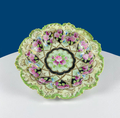 Stunning Antique Hand Painted Porcelain Bowl. Centerpiece Dish with Scalloped Edges. Gold Framework & Flowers. Dining Room Decor.