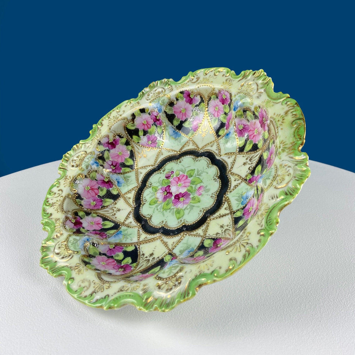 Stunning Antique Hand Painted Porcelain Bowl. Centerpiece Dish with Scalloped Edges. Gold Framework & Flowers. Dining Room Decor.