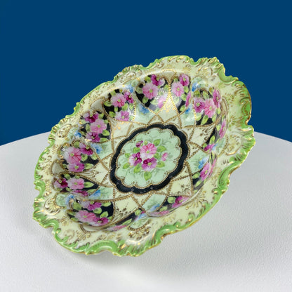 Old Hand Painted Porcelain Serving Bowl or Decorative Victorian Centerpiece with Scalloped Edges. Rich Gold Beaded Framework. Roses Motif.