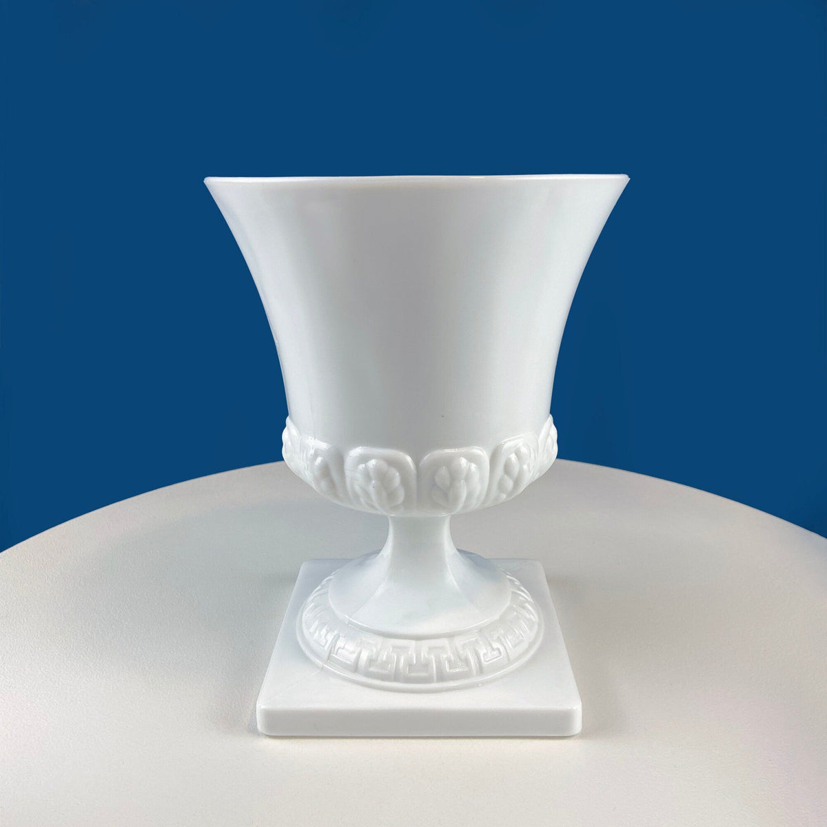 Vintage Large Milk Glass Urn or Compote Pedestal with Greek Key & Wheat Motif. 9" Tall White Footed E.O Brody Planter. Herb Garden.