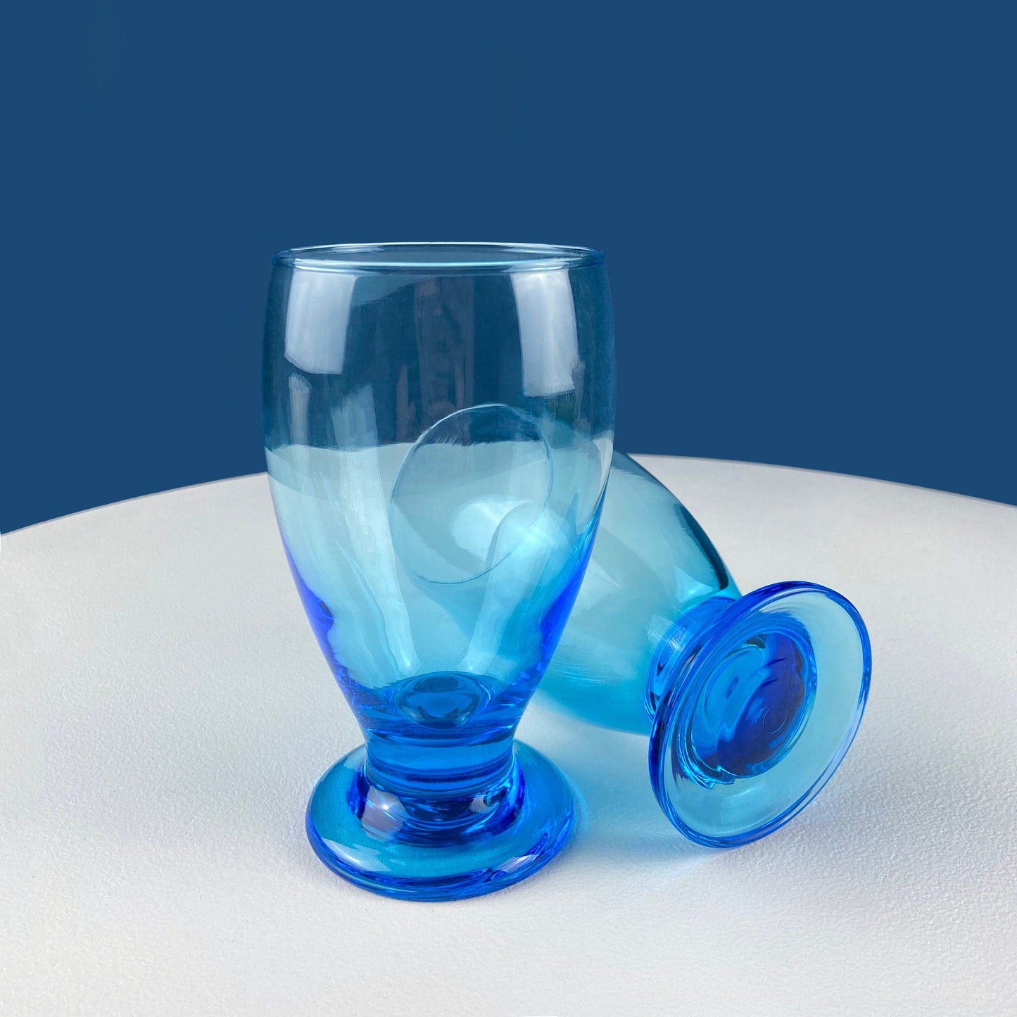 Modern Topaz Stemmed Tumblers. Set of Six Footed Juice Glasses. Blue Kitchen Decor. Dining Room Decor. Collectible Glasses. Wedding Gift.